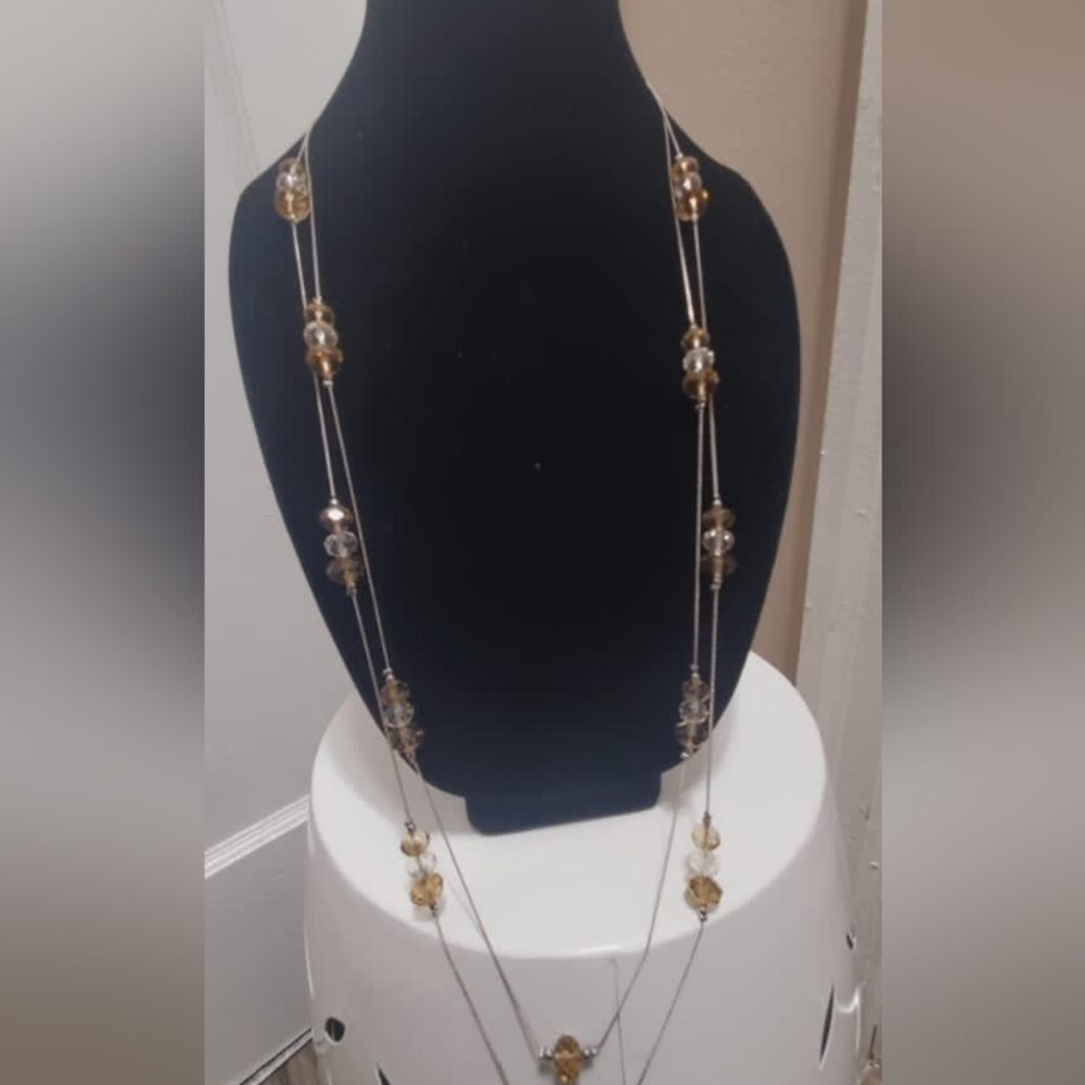 Two-strand Silver/Tan Crystal Bead Necklace. Extra Long 🌴